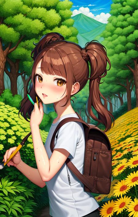 53369-3068451145-painting, brush strokes, scenic background, lineart, forest, colorful flowers, rise kujikawa [persona], brown short twintails, b.png